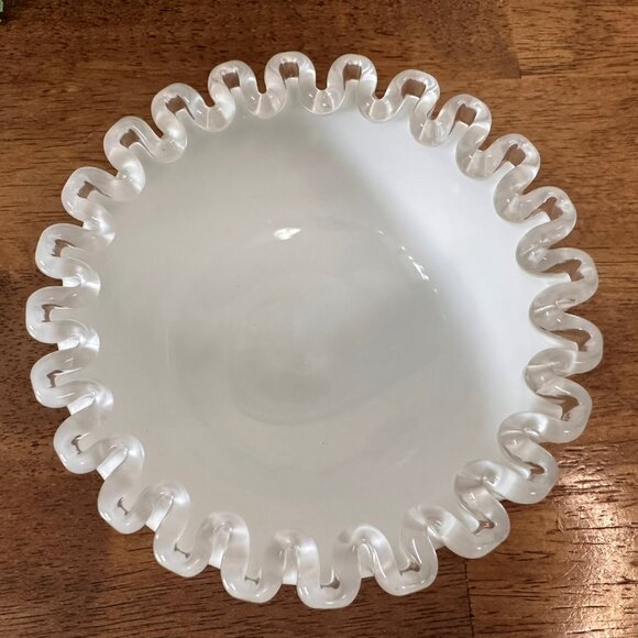 Fenton Silver Crest Crimped White Milk Glass Pedestal Bowl Vintage Wedding Decor - Picture 5 of 5